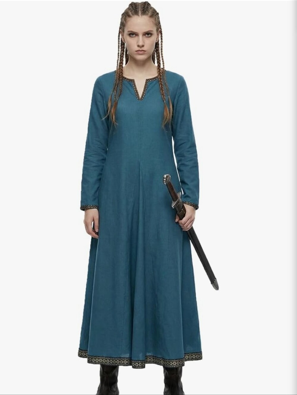 Midevil Rennfair Teal Long-Sleeve Maxi Dress with Embroidered Trim